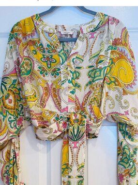 Haute Hippie Cropped Blouse Top Sz Small Paisley Tie Waist Boho Vibrant Tropical